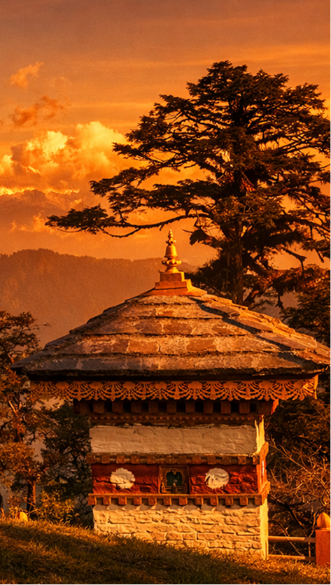 A traditional Buddhist stupa chorten in Bhutan mountains